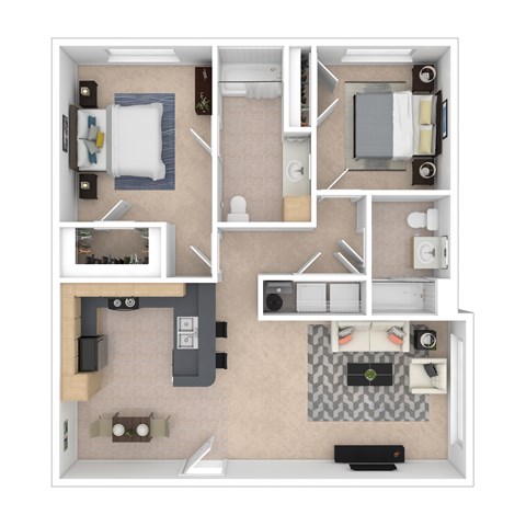 Floor plan for 2 beds, 2 baths, 1023 sqft